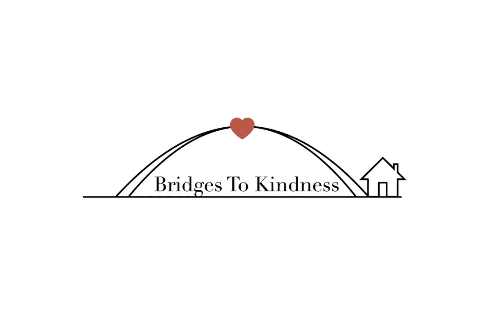 Arc with a heart at the peak leading to a playhouse with the words Bridges to Kindness under the arc